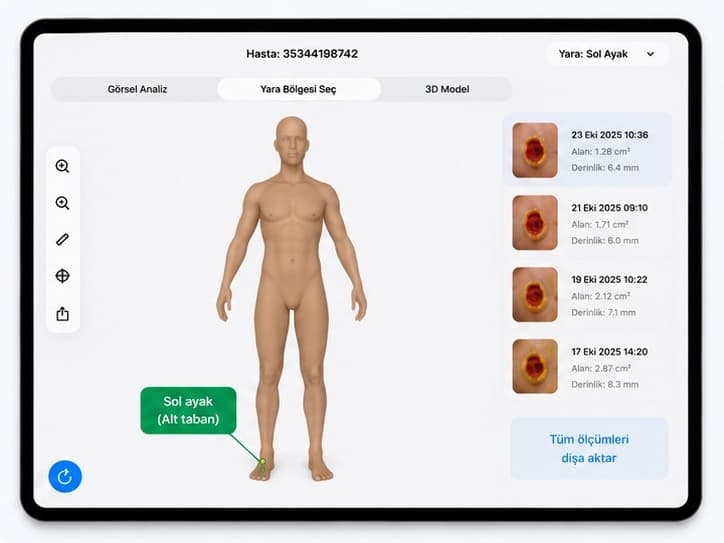 Yara bölgesi seçimi için 3D vücut ekranı